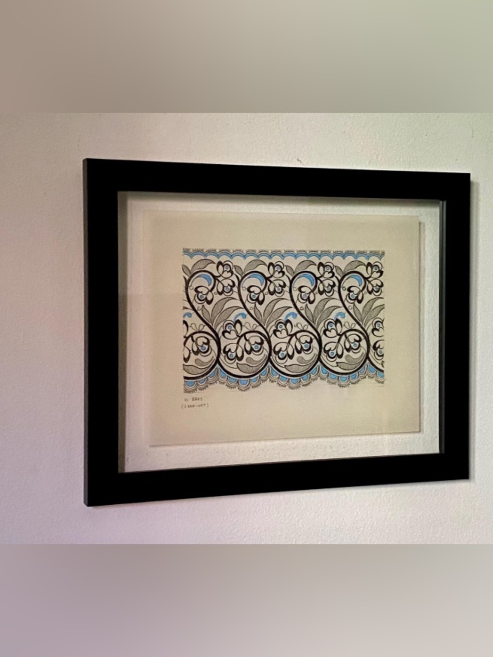 Original Retro Lace Textile Design, Fashion Archive Sketch Hand Drawn with frame